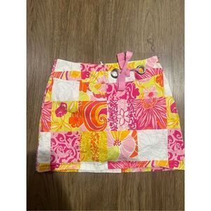 EUC Lilly Pulitzer Pink Yellow Orange Patchwork Skort Skirt Stretch Womens size